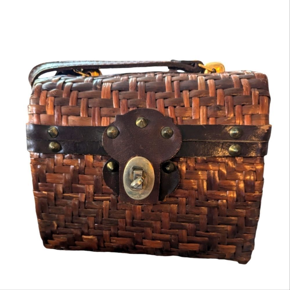 Vintage brown leather straw structured box purse Spain